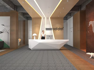 Modern Front Desk Reception Area With Stylish White Geometric Desk And Professional Receptionist 3d model