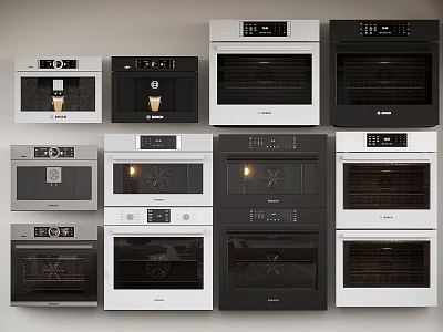 Modern Kitchen Appliances Display Featuring Microwaves And Ovens In Black White 3d model