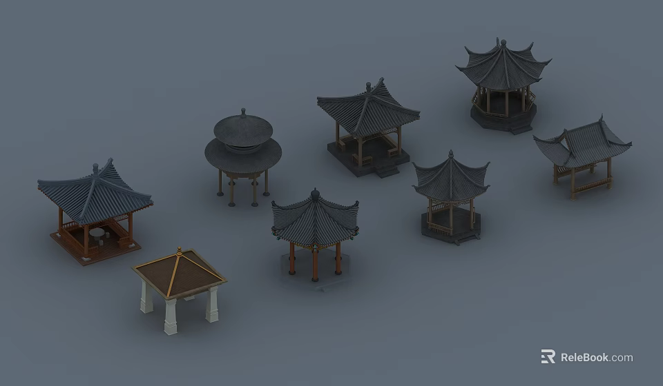 Traditional Chinese Pavilion Models with Various Roof Styles and Wooden Bases 3d model 