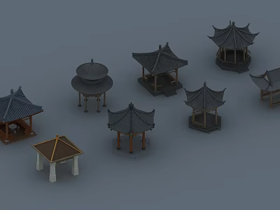 Traditional Chinese Pavilion Models with Various Roof Styles and Wooden Bases 3d model