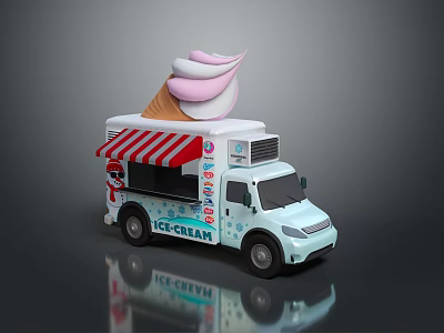 Light Blue Ice Cream Truck Featuring Large Pink And White Cone Red White Striped Awning 3d model