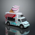 Light Blue Ice Cream Truck Featuring Large Pink And White Cone Red White Striped Awning