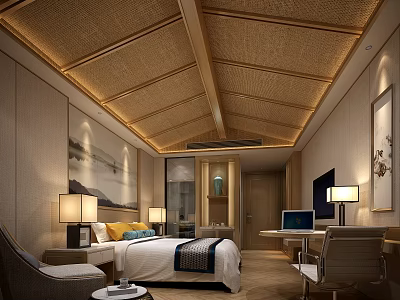 Hotel Guest Room Interior Design With Wooden Rattan Ceiling Decorative Paintings Table Lamps And Bed 3d model