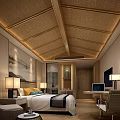 Hotel Guest Room Interior Design With Wooden Rattan Ceiling Decorative Paintings Table Lamps And Bed