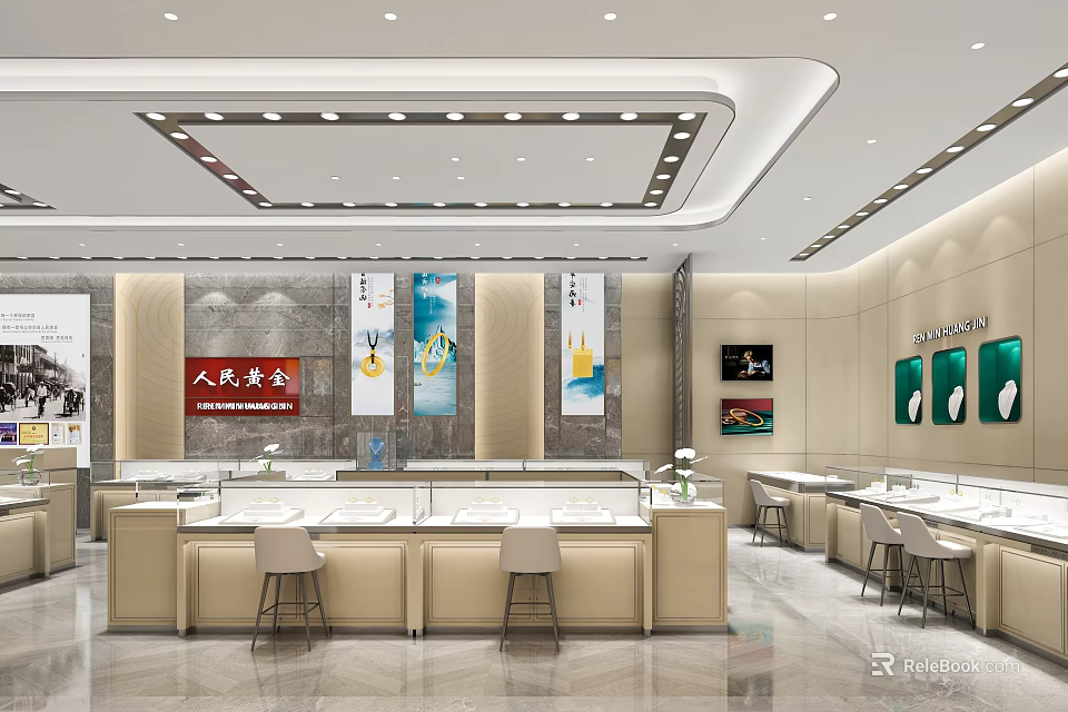 Modern Jewelry Store Interior With Display Cases Beige Counters Decorative Paintings And Lighting 3d model 