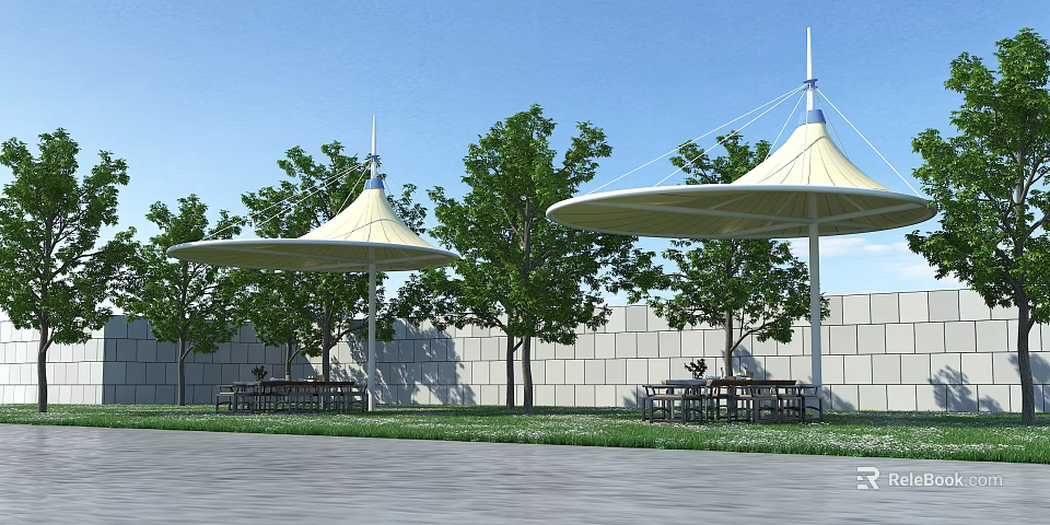 Tensile Membrane Structures In Outdoor Area With Trees Outdoor Tables And Blue Sky 3d model 
