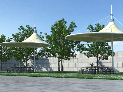 Tensile Membrane Structures In Outdoor Area With Trees Outdoor Tables And Blue Sky 3d model