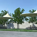 Tensile Membrane Structures In Outdoor Area With Trees Outdoor Tables And Blue Sky