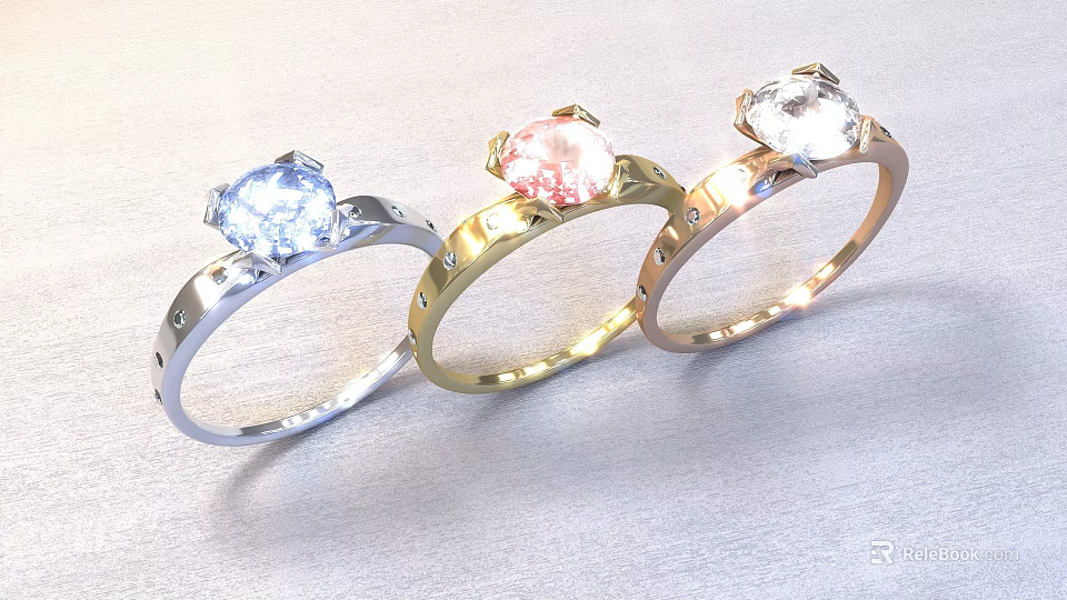 Elegant Jewelry Rings in Silver Gold Rose Gold with Large Gemstones and Small Diamonds 3d model 