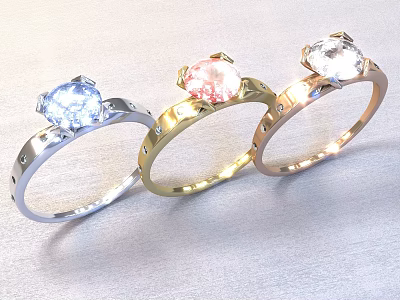 Elegant Jewelry Rings in Silver Gold Rose Gold with Large Gemstones and Small Diamonds 3d model