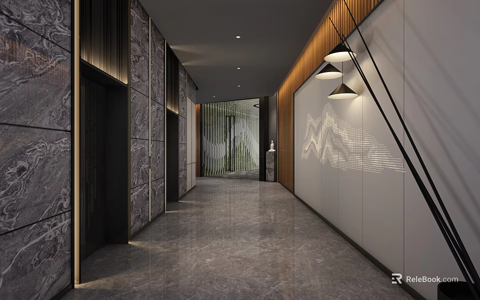Modern Elevator Hallway With Marble Walls Lighting Fixtures And Decorative Lines 3d model 