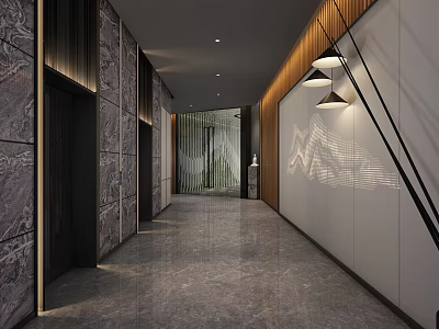 Modern Elevator Hallway With Marble Walls Lighting Fixtures And Decorative Lines 3d model