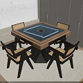 Square Wooden Entertainment Table with Blue Top and Four Rattan Chairs