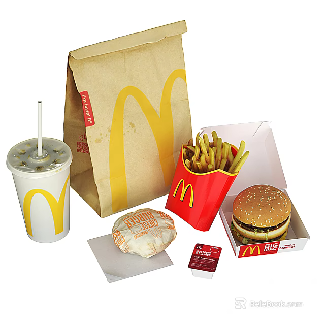 Classic McDonalds Fast Food Meal Including Hamburger Fries Drink Apple Pie Ketchup and Paper Bag 3d model 