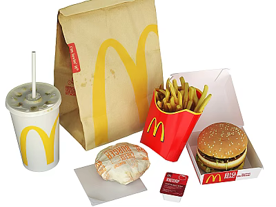 Classic McDonalds Fast Food Meal Including Hamburger Fries Drink Apple Pie Ketchup and Paper Bag 3d model