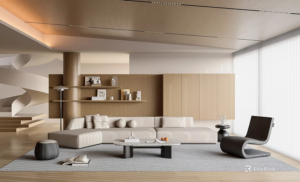 Modern Living Room With Beige Sofa Black Accent Chair Wooden Wall Shelves And Coffee Table 3d model 