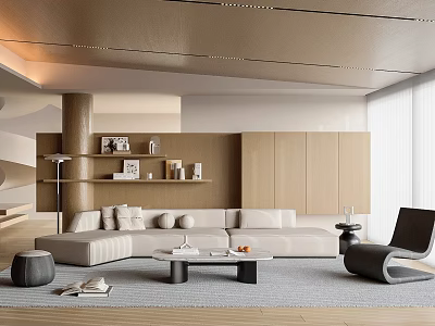 Modern Living Room With Beige Sofa Black Accent Chair Wooden Wall Shelves And Coffee Table 3d model