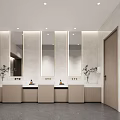 Clean Modern Public Restroom Interior With Sinks Mirrors Plants And Wooden Doors