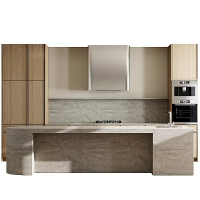 Modern Minimalist Kitchen Interior With Wooden Cabinets Marble Island And Built In Appliances 3d model
