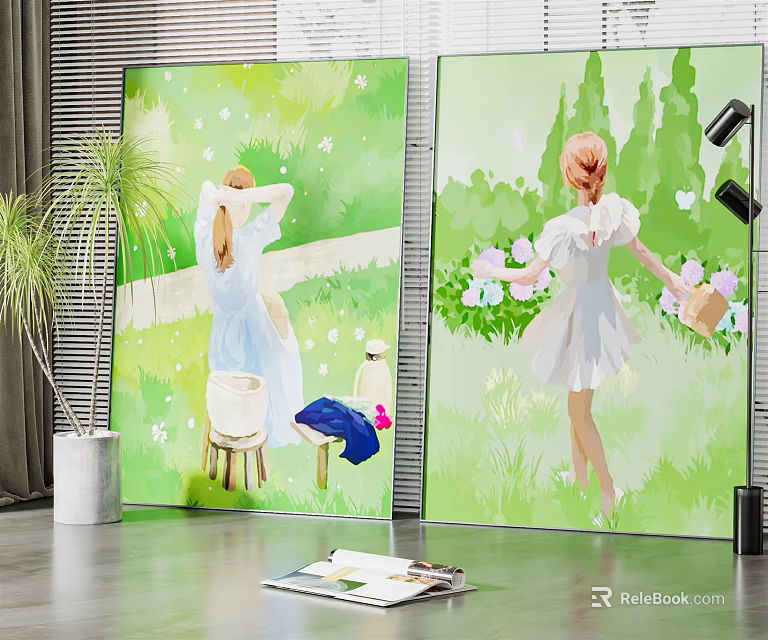 Two Figure Paintings Of Women In White Dresses With Green Grass Flowers And Butterflies 3d model 