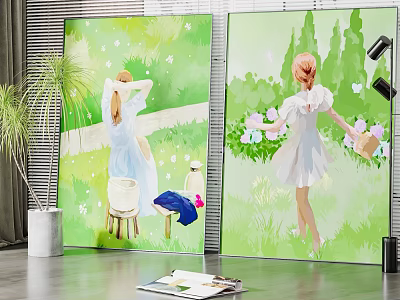 Two Figure Paintings Of Women In White Dresses With Green Grass Flowers And Butterflies 3d model