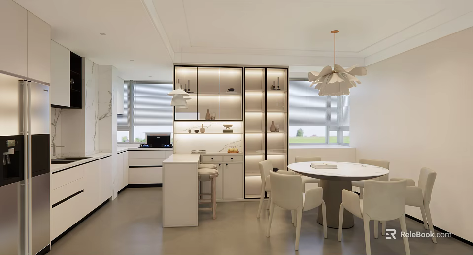 Modern Restaurant Interior With Open Concept Round Dining Table And Pendant Light 3d model