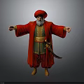 Man With Red Turban Red Robe White Beard And Gold Belt On Gray Background