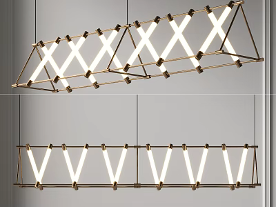 Modern Linear Chandelier With Geometric Brass Frame And LED Light Fixtures 3d model