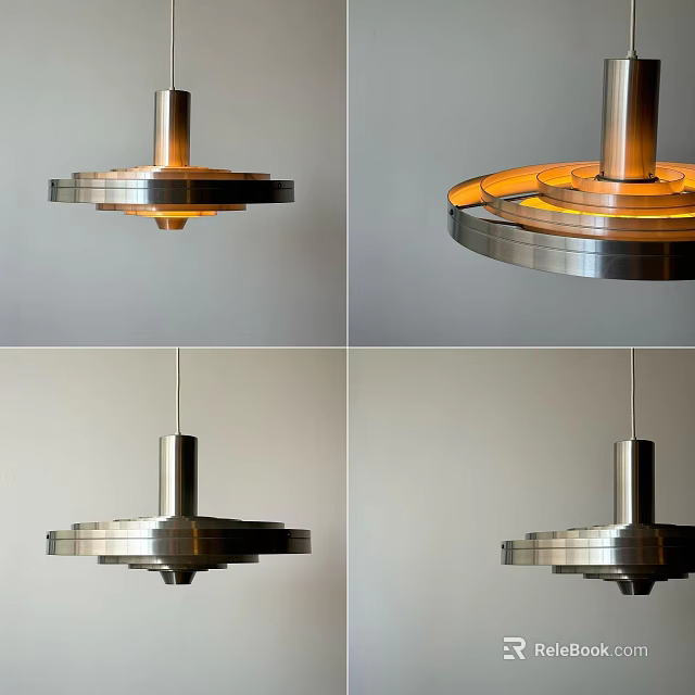 Modern Metallic Pendant Light With Layered Circular Structure And Warm Yellow Glow 3d model