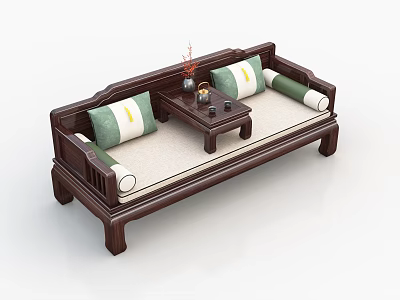 Traditional Chinese Arhat Bed With Wooden Frame Green Beige Cushions And Small Tea Table Decorations 3d model