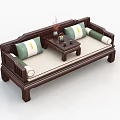 Traditional Chinese Arhat Bed With Wooden Frame Green Beige Cushions And Small Tea Table Decorations