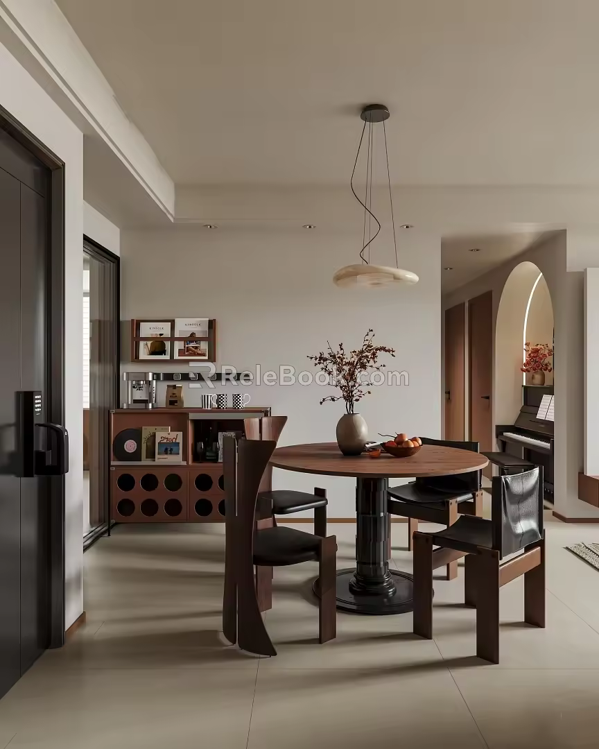 Middle Ancient Home Dining Room Dining Table and Chair Combination Bucket Chandelier 3d model