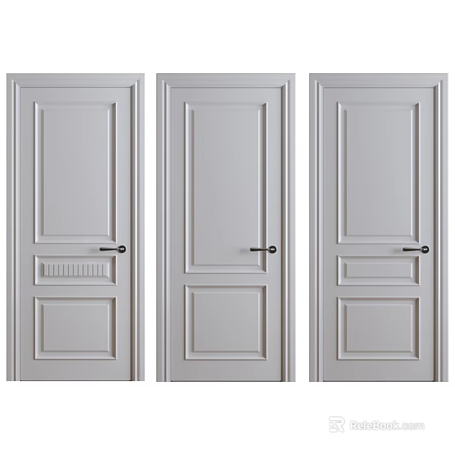 Three Modern White Hinged Doors With Panel Design And Black Handles 3d model