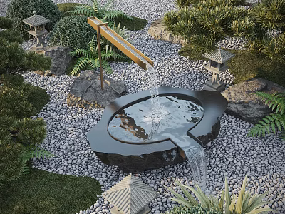 Japanese Style Water Fountain With Stone Basin Flowing Water And Garden Lanterns 3d model