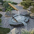 Japanese Style Water Fountain With Stone Basin Flowing Water And Garden Lanterns