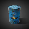 Rusty Blue Metal Barrel With Yellow Warning Triangle Sign Industrial Storage 3d model