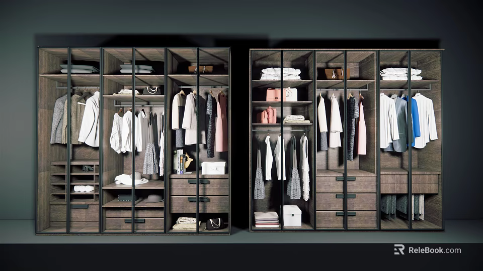 Modern Wooden Wardrobe Interior With Organized Hanging Clothes Multiple Shelves And Drawers 3d model 