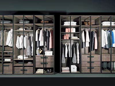 Modern Wooden Wardrobe Interior With Organized Hanging Clothes Multiple Shelves And Drawers 3d model
