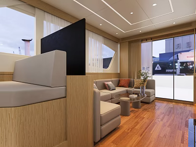 Modern Elegant Living Room Interior With Beige Sofa Wooden Floor Large Windows And TV 3d model
