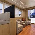 Modern Elegant Living Room Interior With Beige Sofa Wooden Floor Large Windows And TV