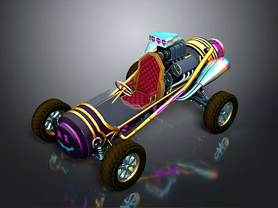 Colorful Go Kart With Large Wheels Red Checkered Seat Unique Styling Reflective Surface 3d model