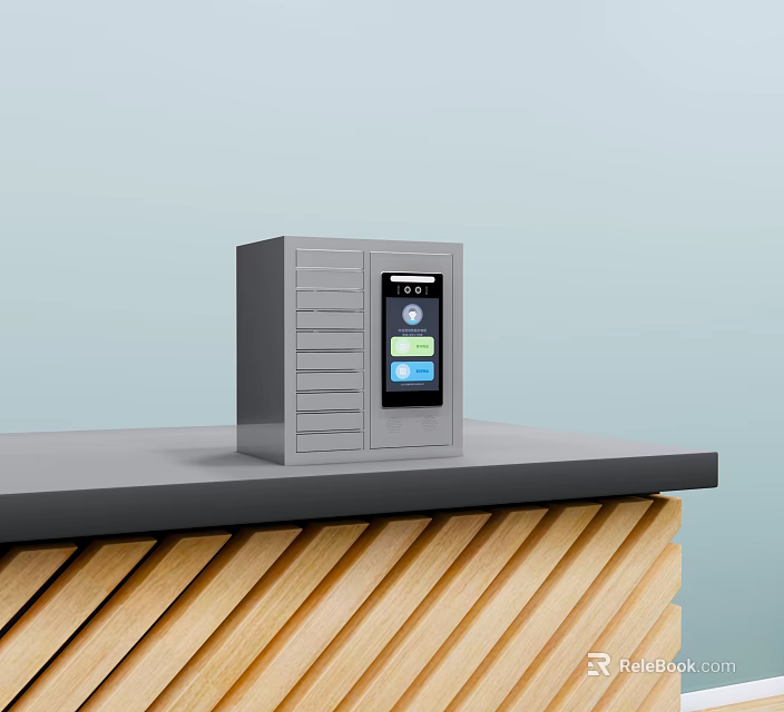 Gray Smart Locker With Touch Screen Display On Wooden Striped Platform 3d model