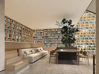 Spacious Bookstore Interior With Walls Of Bookshelves Comfortable Sofa And Green Plant 3d model