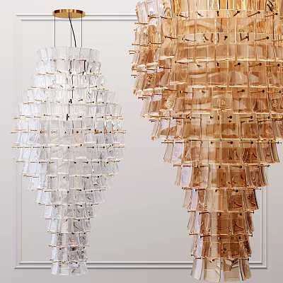 Elegant Chandeliers with Stacked Transparent Crystal and Golden Cubes for Interior Decoration 3d model