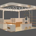 Jewelry Exhibition Booth With White Wooden Structure Display Shelves Counter And Green Plants