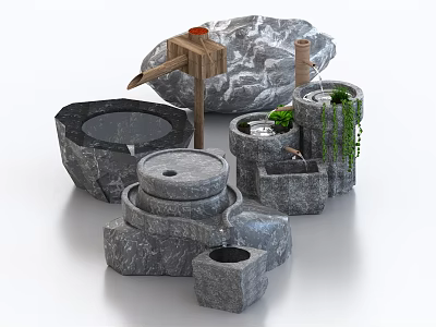 Stone And Wooden Garden Water Features With Decorative Basins And Green Plants 3d model