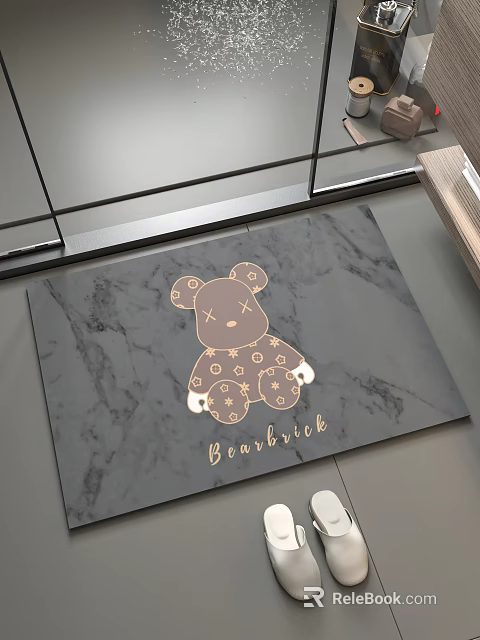 Bathroom Floor Mat With Gray Marble Texture And Bearbrick Bear Design 3d model 