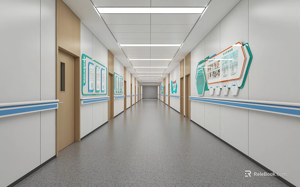 Hospital Outpatient Corridor With Wall Displays And Lighting 3d model 