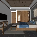 Chinese Style Hotel Guest Room With Wooden Furniture TV Writing Desk And Decorative Wall Art