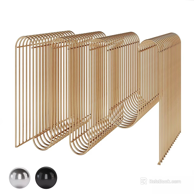 Golden Curved Slats Decorative Screen With Multiple Sections For Interior Decor 3d model